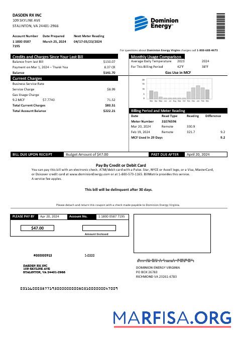 Realistic USA Dominion Energy business utility bill template in Word and PDF formats
